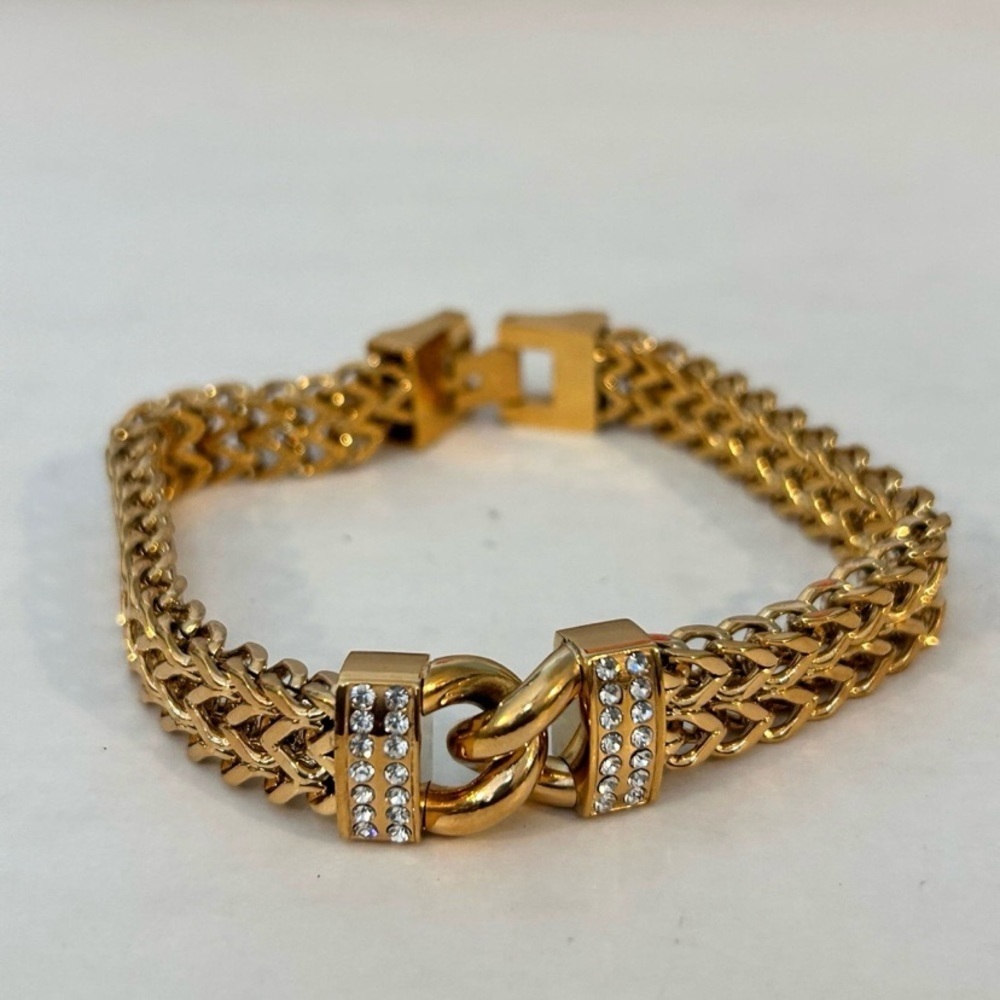 Gold Tone Stainless Steel Bracelet with Crystal Accents 8”